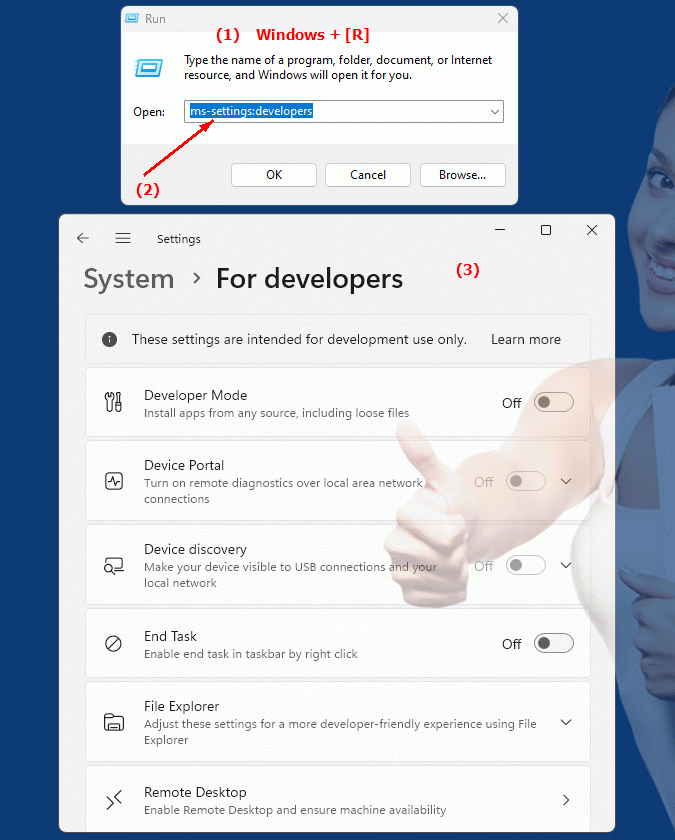 Windows Settings ms-settings:developers Developer options settings in Windows